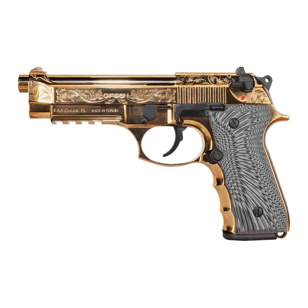 EAA Girsan Regard MC Deluxe Handgun 9mm Luger 18rd Magazine 4.9" Barrel Ambi Safety Engraved Slide/Gold Finish Picture of EAA - European American Armory Corp EAA Regard MC Deluxe S/A 9mm Adj Sights Ambi Safety 18rd Mag Gold