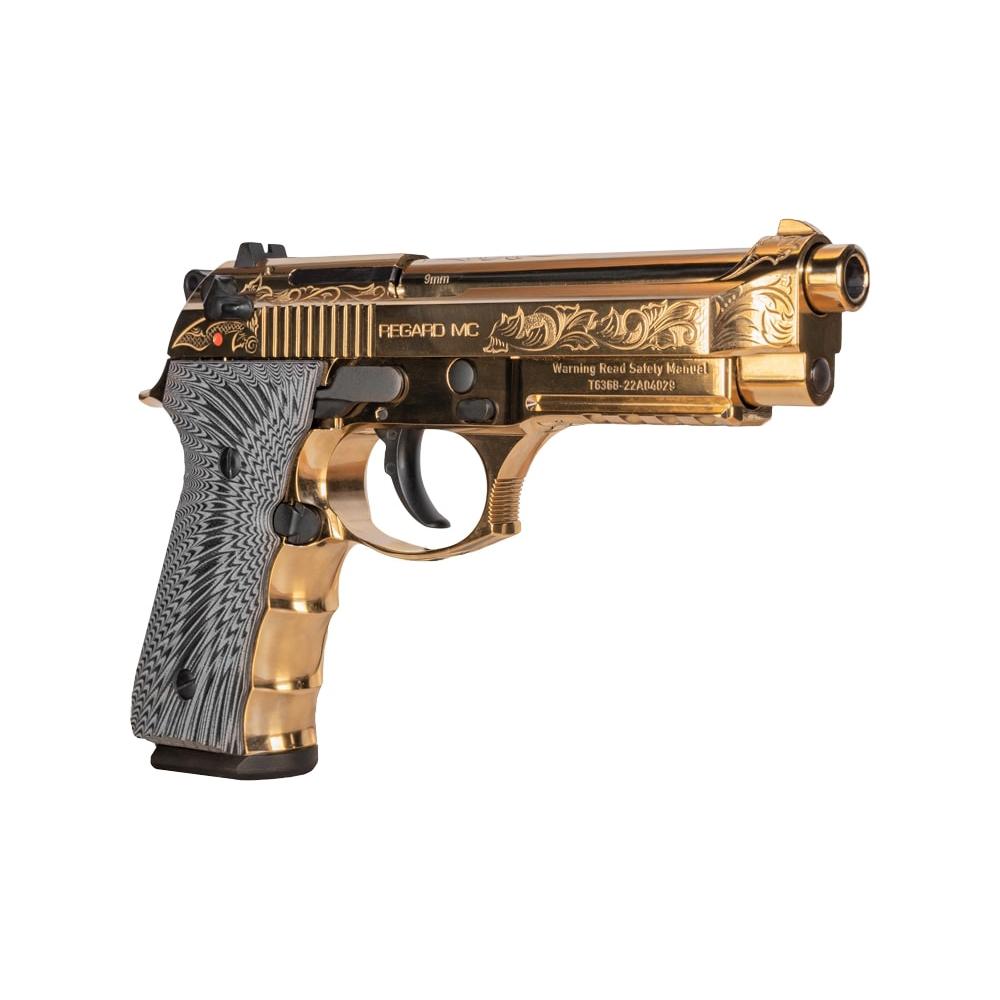 EAA Girsan Regard MC Deluxe Handgun 9mm Luger 18rd Magazine 4.9" Barrel Ambi Safety Engraved Slide/Gold Finish Picture of EAA - European American Armory Corp EAA Regard MC Deluxe S/A 9mm Adj Sights Ambi Safety 18rd Mag Gold