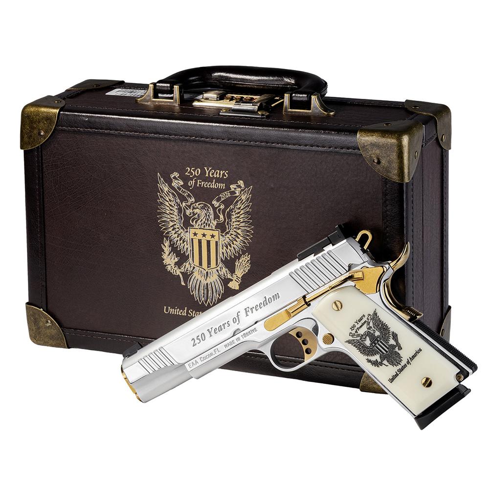EAA Girsan MC1911 250th Anniversary Handgun .45 Auto 8rd Magazines(2) 5" Barrel Engraved Slide and Grips Hard Case Picture of EAA - European American Armory Corp GIRSON MC1911 45ACP 250YR Limited Edition with Case