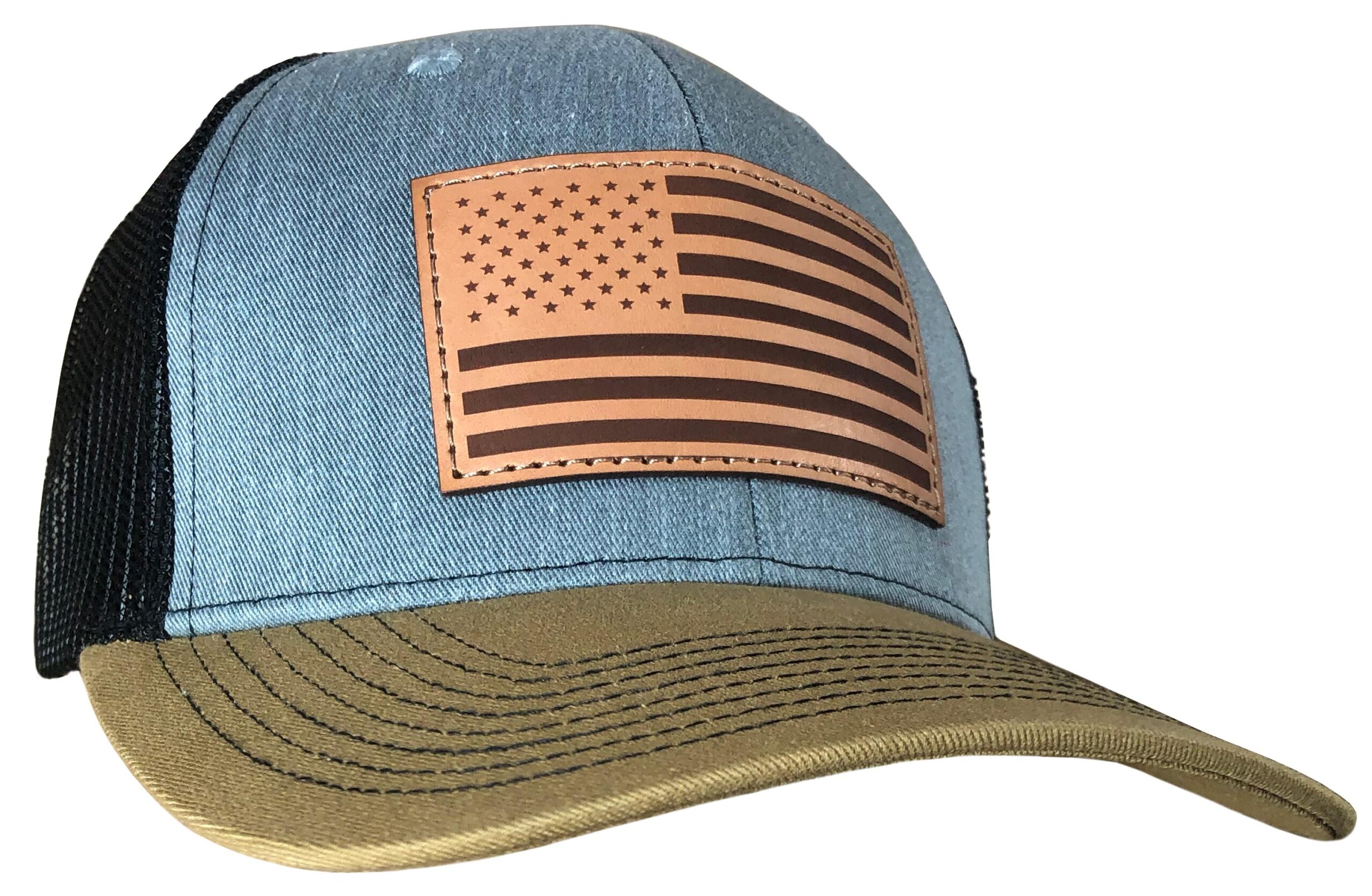 Outdoor Cap Heathered Grey/Blk/ Old Gold Trucker w/USA Flag Leather Patch