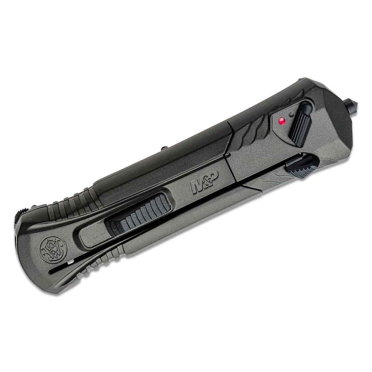 Smith & Wesson MPOTF10 OTF Assisted Knife 3 1/2" Blade Black Picture of Battenfeld Knives S&W MPOTF10 Gray / Black Serrated - Box