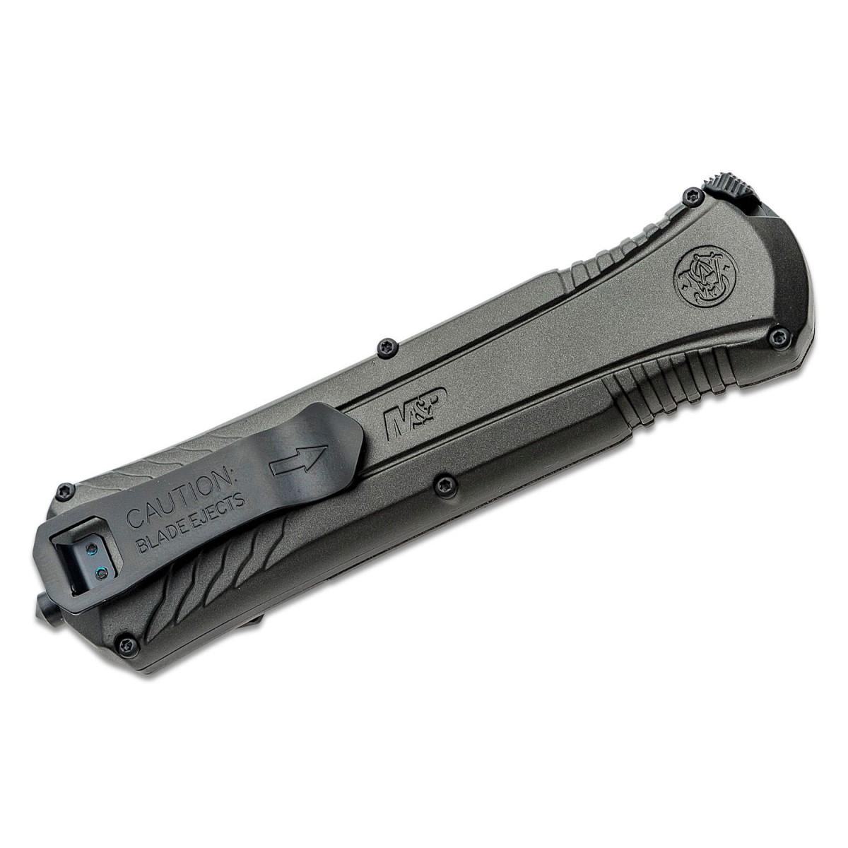 Smith & Wesson MPOTF10 OTF Assisted Knife 3 1/2" Blade Black Picture of Battenfeld Knives S&W MPOTF10 Gray / Black Serrated - Box