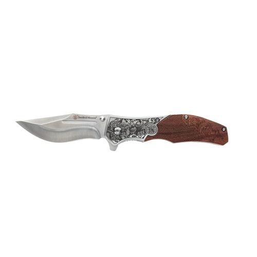 Smith & Wesson Unwavered Folding Knife 3-1/4" Clip Point Blade Engraved Wood Blister Picture of Battenfeld Knives S&W KT Unwavered- Blister CP=3