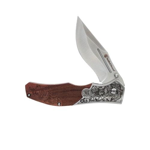 Smith & Wesson Unwavered Folding Knife 3-1/4" Clip Point Blade Engraved Wood Blister Picture of Battenfeld Knives S&W KT Unwavered- Blister CP=3
