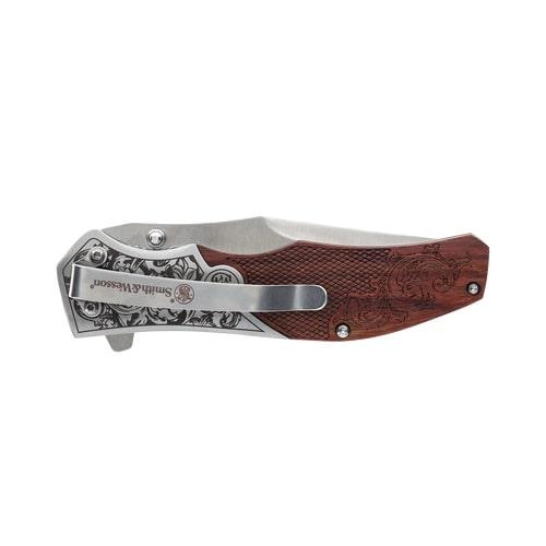 Smith & Wesson Unwavered Folding Knife 3-1/4" Clip Point Blade Engraved Wood Blister Picture of Battenfeld Knives S&W KT Unwavered- Blister CP=3