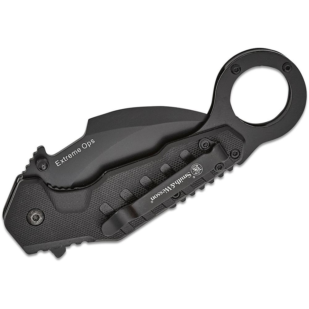 Smith & Wesson Extreme Ops Karambit Assisted Folding Knife 3" Hawkbill Blade Black Picture of Battenfeld Knives S&W KT Extreme Ops Spring Assist Karambit 3'' Blade