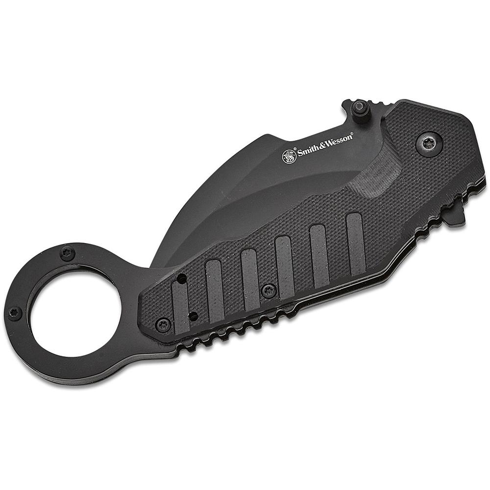 Smith & Wesson Extreme Ops Karambit Assisted Folding Knife 3" Hawkbill Blade Black Picture of Battenfeld Knives S&W KT Extreme Ops Spring Assist Karambit 3'' Blade