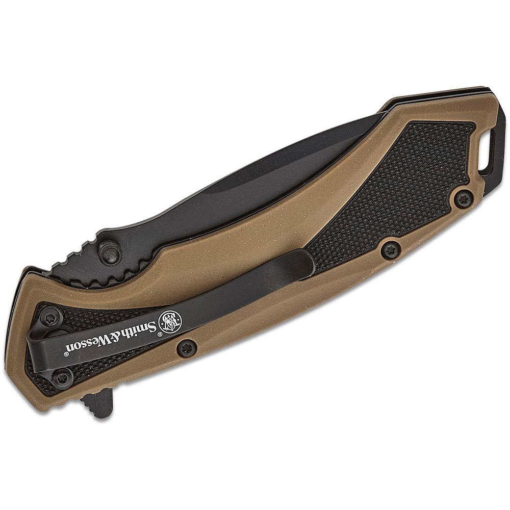 Smith & Wesson Extreme Ops Spring Assist Folding Knife 3-1/4" Drop Point Blade Black Tan Picture of Battenfeld Knives S&W KT Extreme Ops Spring Assisted Drop Point Blk/Tan 3.25'' Blade