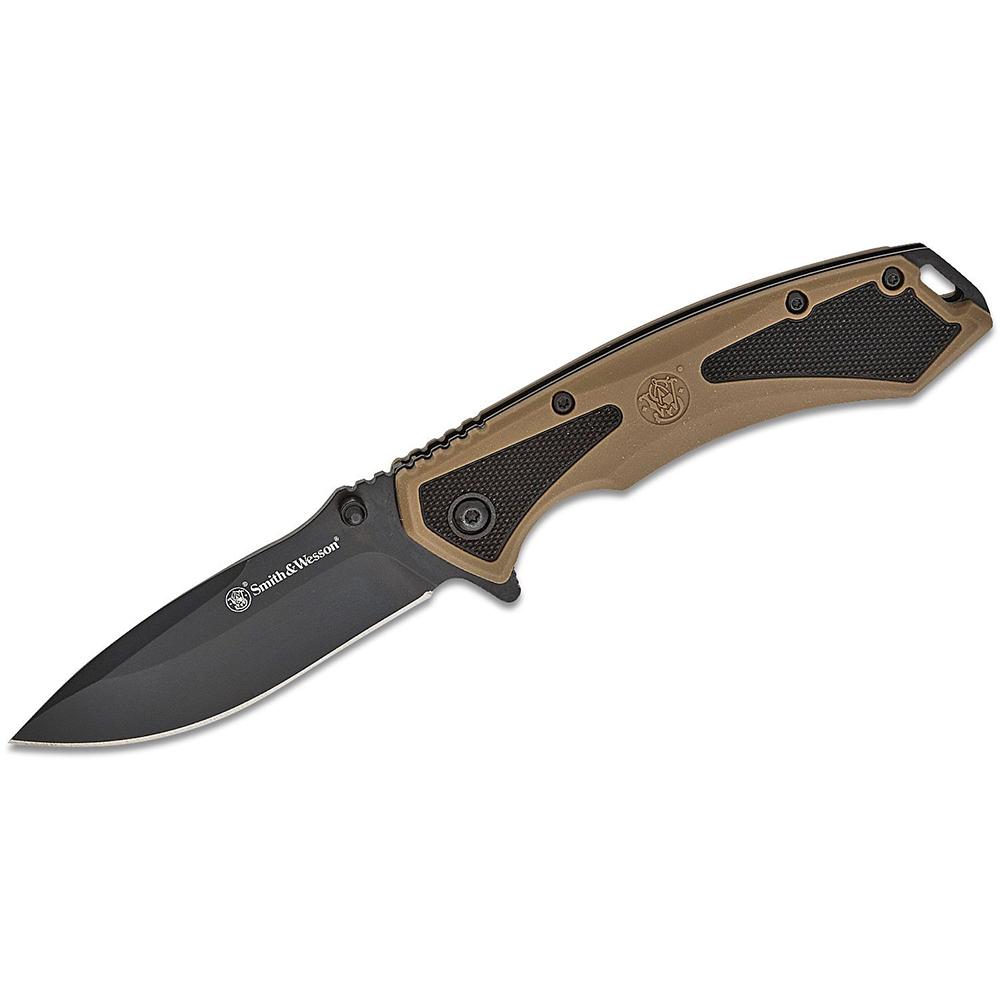 Smith & Wesson Extreme Ops Spring Assist Folding Knife 3-1/4" Drop Point Blade Black Tan Box Picture of Battenfeld Knives S&W KT Extreme Ops Spring Assisted Drop Point Blk/Tan- Box 3.25'' Blade