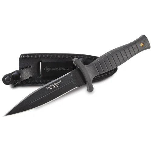 Smith & Wesson H.R.T. Full Tang Spear Point Fixed Blade 4 3/4" Blade Black Picture of Battenfeld Knives S&W 9 in black dual edge boot knife