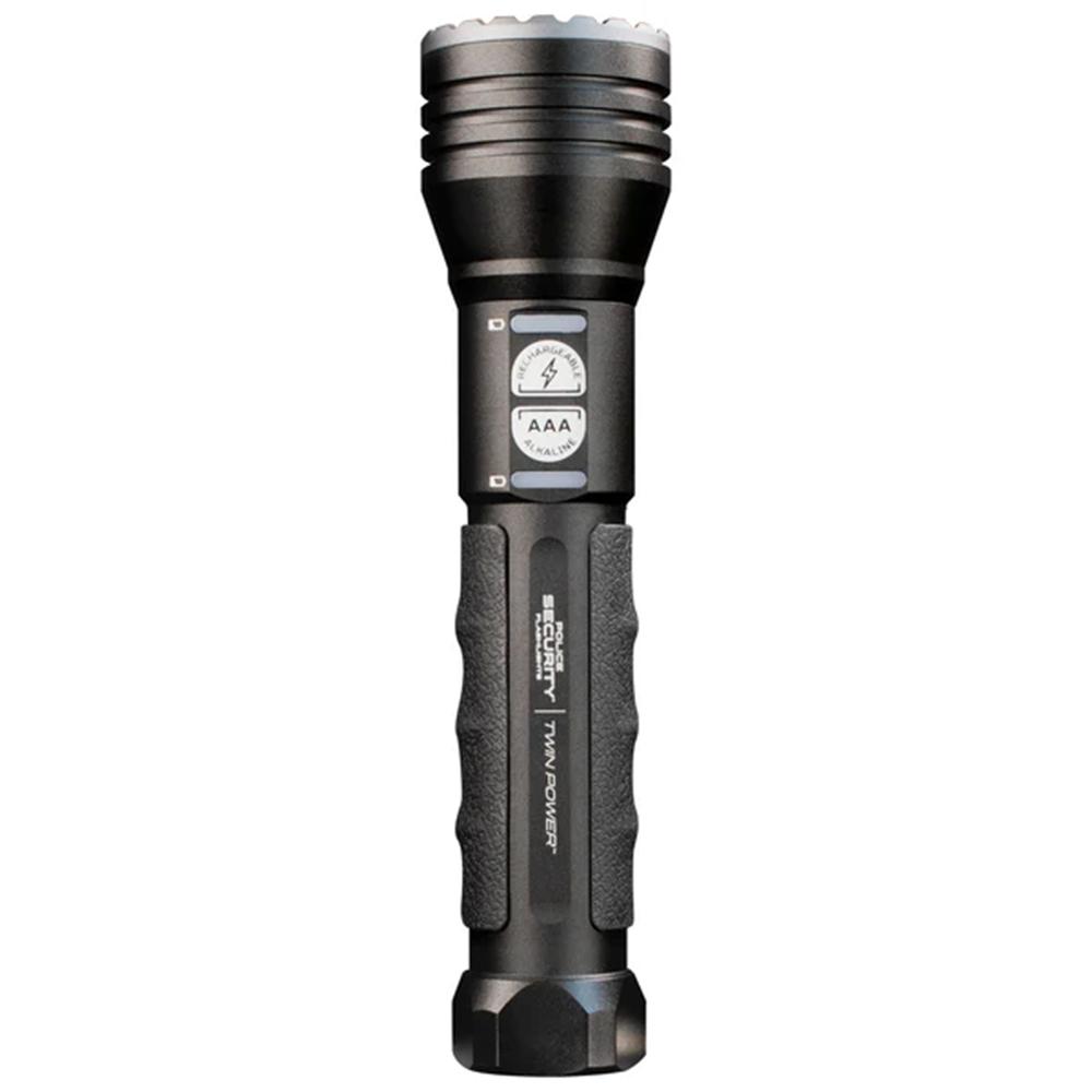 Police Security Flashlight Twin Power Long Throw LED Flashlight 450 Lumens Black Picture of LB Marketing Inc DBA Police Security Flashlights Police Security Long Throw Twin Power 10850 1/4 mile beam 450lm