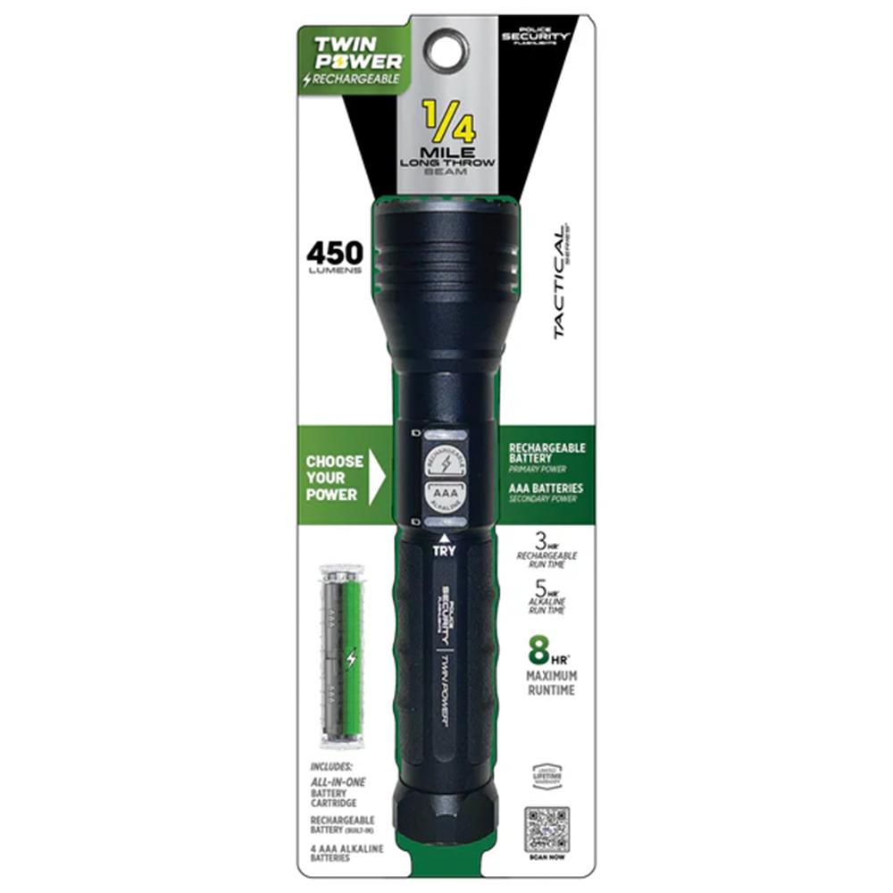 Police Security Flashlight Twin Power Long Throw LED Flashlight 450 Lumens Black Picture of LB Marketing Inc DBA Police Security Flashlights Police Security Long Throw Twin Power 10850 1/4 mile beam 450lm