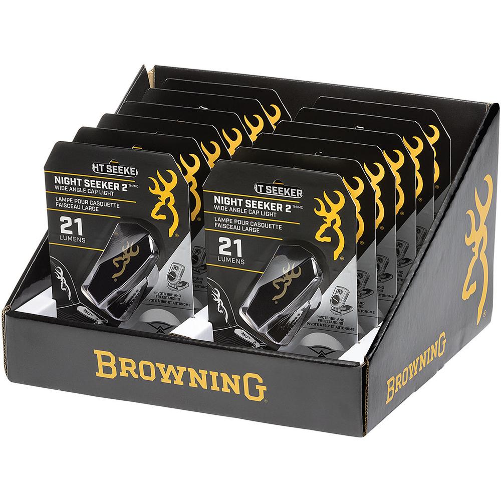Browning Night Seeker 2 Wide Angle Cap Light Display 21 Lumens 12 Pack Picture of Browning Clothing BROWNING NIGHT SEEKER 2 WIDE ANGLE COUNTER DISPLAY 12 PACK