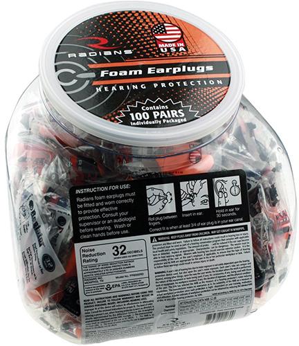Radians 100 pairs of Uncorded Foam Earplugs in Poly Bags in a Jar