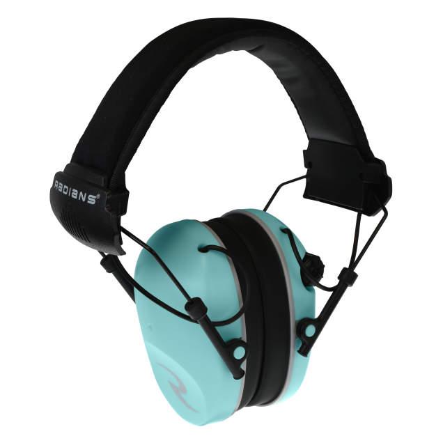 Radians Dual Microphone Electronic Earmuff 3.5mm Stereo Jack 23dB Black Aqua Picture of Radians Inc. Radians Elec. Folding EM (duo mics) -Aqua