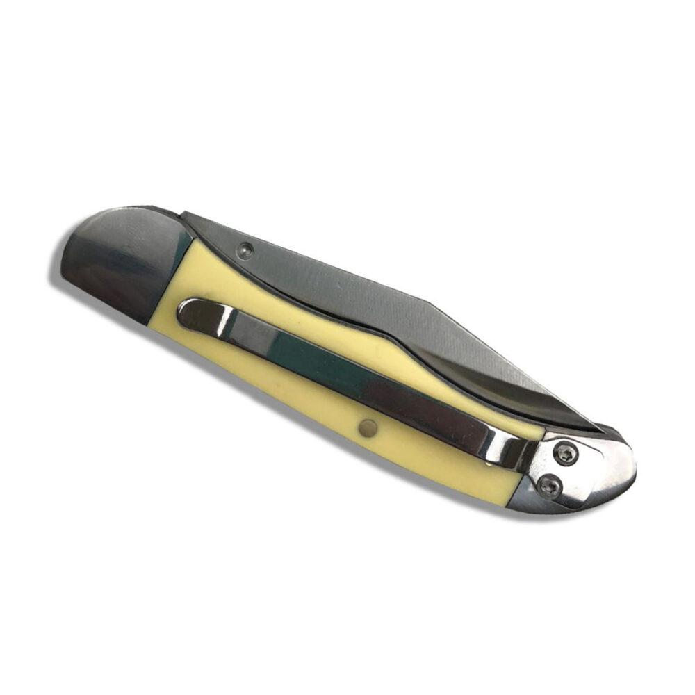ABKT Roper LL Pecos Delrin Folding Knife 3" Clip Point Blade Yellow Picture of Rock Ridge Outdoors Roper Knife Pecos Liner Lock - Cream 3in Blade