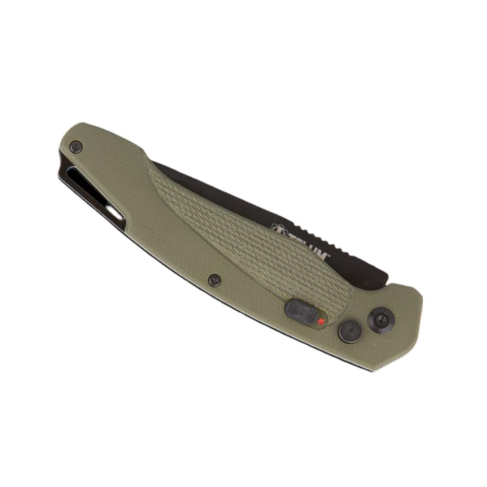 Telum Titan Tactical Automatic Folding Knife 4" Tanto Blade OD Green Picture of Rock Ridge Outdoors Telum Tactical Knife Titan OD Green Automatic 4in D2 Blade
