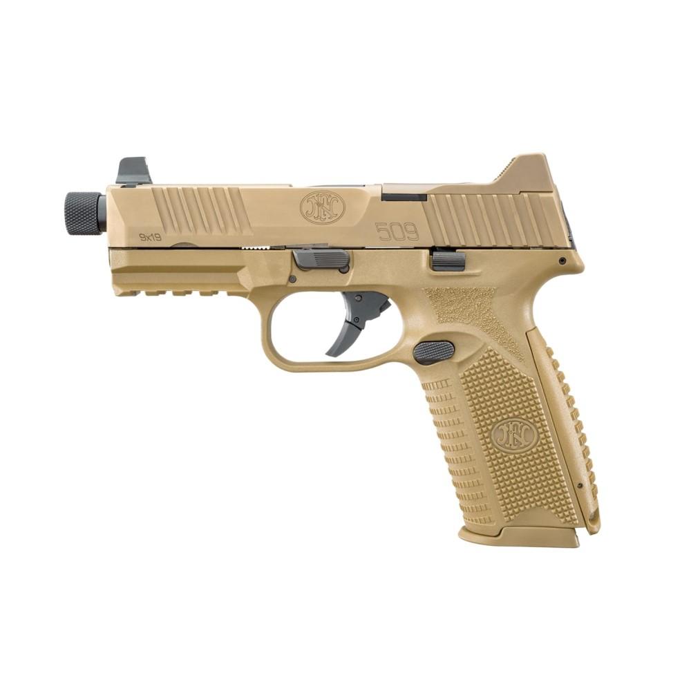 FN 509 Tactical Handgun 9mm Luger 17rd & 24rd Magazines (2) 4.5" Threaded Barrel FDE NMS Picture of FN USA FN 509T NMS 9MM FDE/FDE NS 1X17+1X24RD