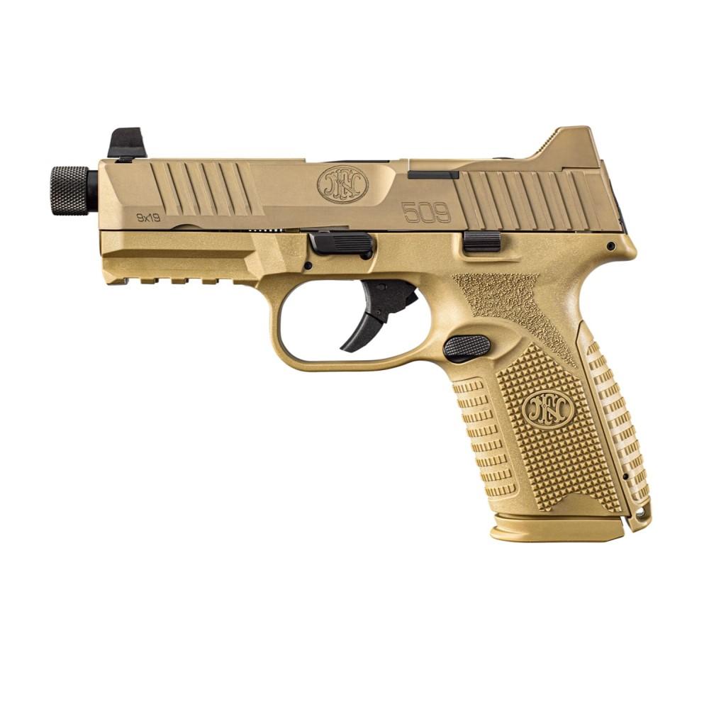 FN 509M Tactical Bundle Handgun 9mm Luger 15rd (1) & 24rd (4) Magazines 4.5" Threaded Barrel FDE Optics Ready Picture of FN USA FN 509M Midsize Tactical 9mm FDE/FDE - (1)15rd & (4)24rd mags