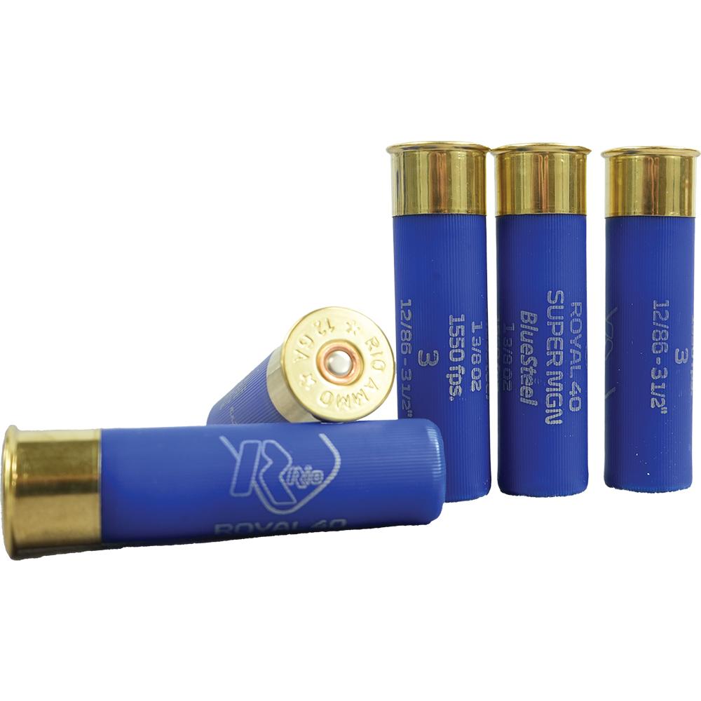 Rio Royal BlueSteel 12 ga 3 1/2" MAX 1 3/8 oz #3 1550 fps - 25/ct Picture of Rio Outdoors Corp RIO Royal BlueSteel 12GA 3.5" 1-3/8oz #3 1550 FPS