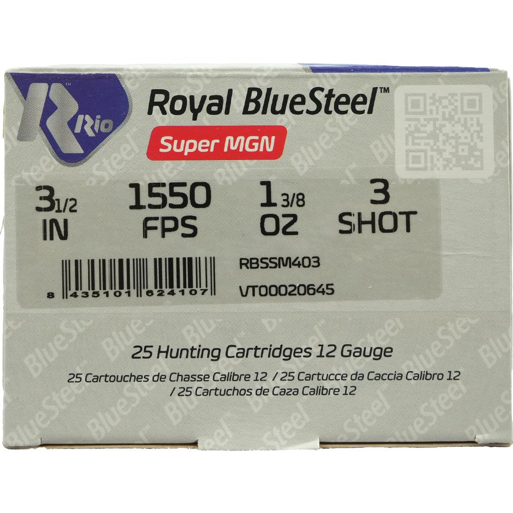 Rio Royal BlueSteel 12 ga 3 1/2" MAX 1 3/8 oz #3 1550 fps - 25/ct Picture of Rio Outdoors Corp RIO Royal BlueSteel 12GA 3.5" 1-3/8oz #3 1550 FPS
