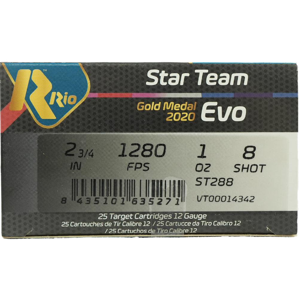 Rio Star Team EVO Shotshells 12ga 2-3/4" 1oz #8 1280 fps 25/ct Picture of Rio Outdoors Corp Star Team EVO 12GA 2 3/4" MAX 1oz #8 1280 FPS