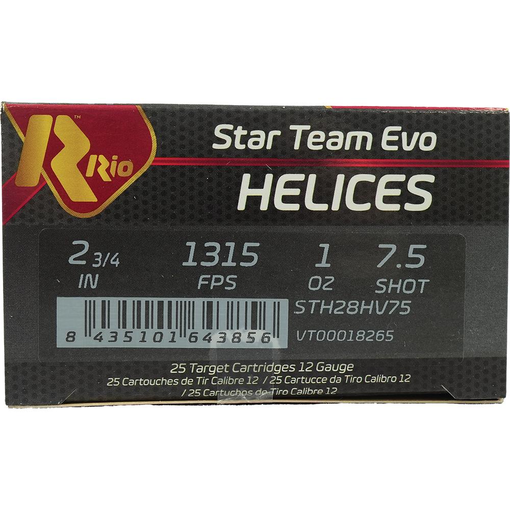 Rio Star Team EVO Helice HV Shotshell 12ga 2-3/4" 1oz 1315 fps #7.5 25/ct Picture of Rio Outdoors Corp Star Team EVO Helice HV 12ga 2-3/4" 1315fps 1oz #7.5