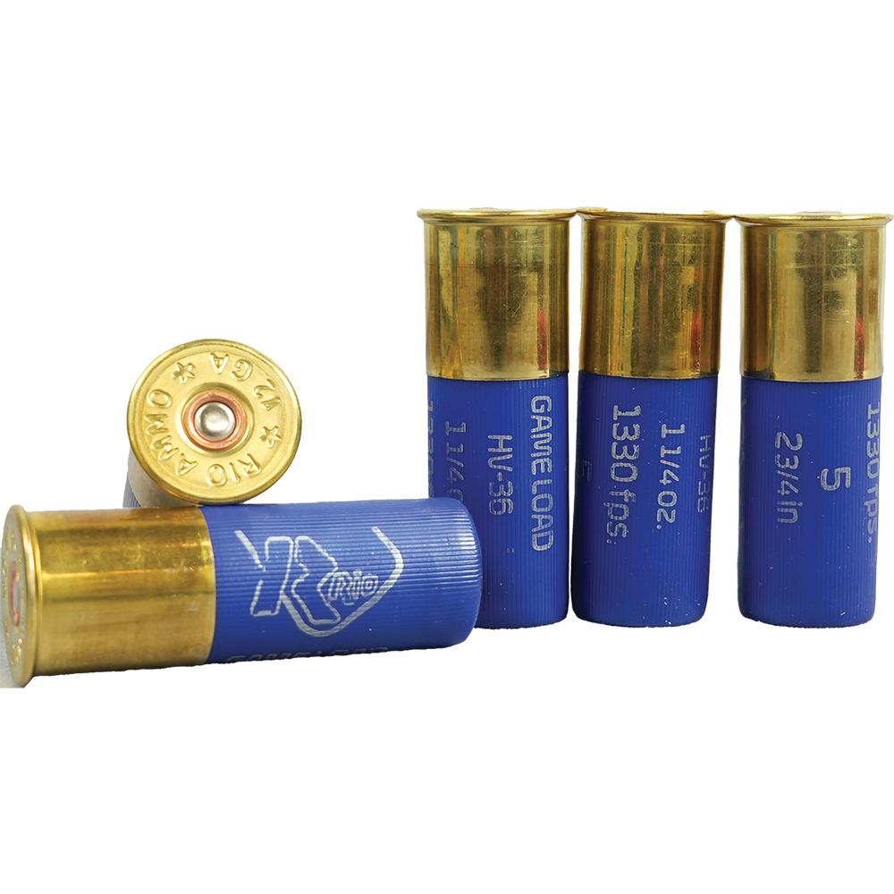 Rio Top Game HV Shotshells 12 ga 2 3/4" 3 3/4 dr 1 1/4 oz #5 1330 fps 25/ct Picture of Rio Outdoors Corp RIO Game Load HV 12GA 2 3/4" 1-1/4OZ #5 1330FPS
