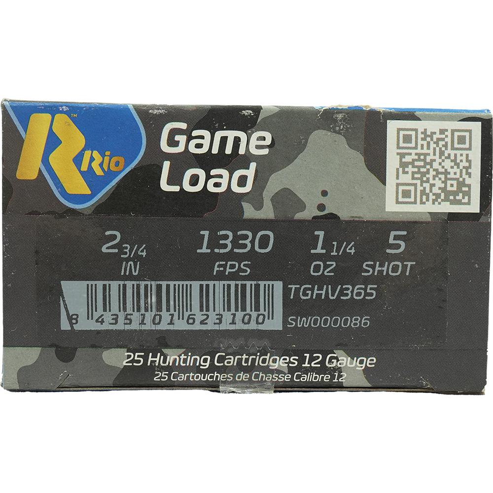 Rio Top Game HV Shotshells 12 ga 2 3/4" 3 3/4 dr 1 1/4 oz #5 1330 fps 25/ct Picture of Rio Outdoors Corp RIO Game Load HV 12GA 2 3/4" 1-1/4OZ #5 1330FPS