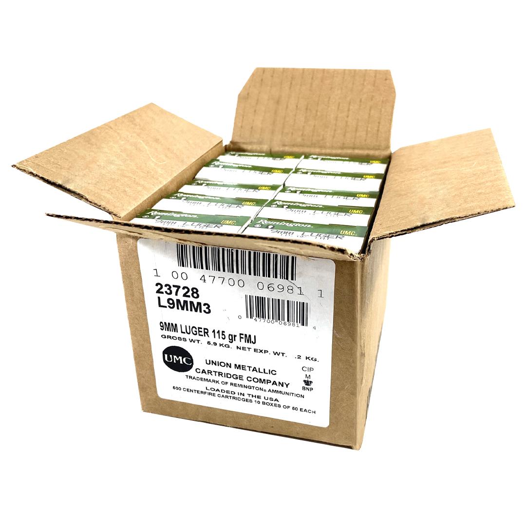 Remington UMC Handgun Ammunition 9mm Luger 115 gr FMJ 1145 fps 1000/ct Case (20-50/ct Boxes) Picture of Remington Arms Co. Inc. REMINGTON UMC 9MM LUGER 115GR FMJ AMMO 1000RD