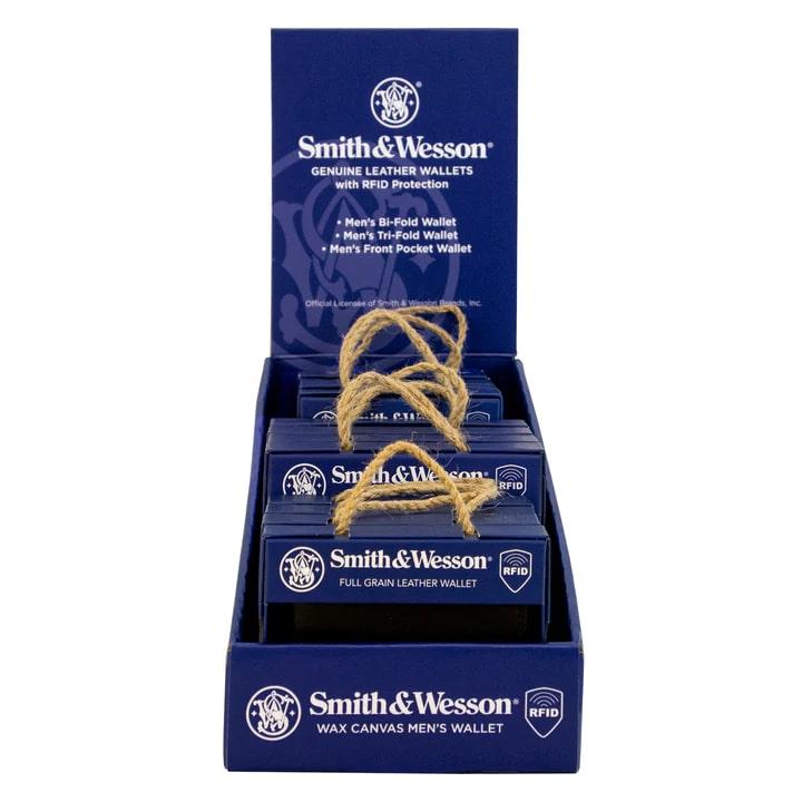 Smith & Wesson Men's Genuine Leather Wallet 12pc Counter Display Picture of Rugged Rare Smith & Wesson Men's Genuine Leather Wallet 12pc Display