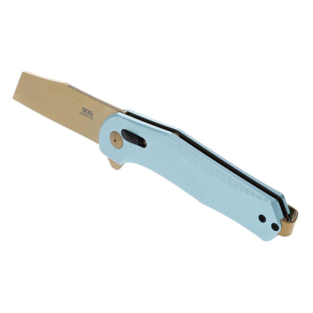 SOG Knives Diverge XR Folding Knife 3" Sheepsfoot Blade Gold and Light Blue Blister Pack Picture of Sog Specialty Knives Inc. SOG KNIFE 3.4in Blade DIVERGE XR / LIGHT BLUE + GOLD BLISTER PACK FOLDING