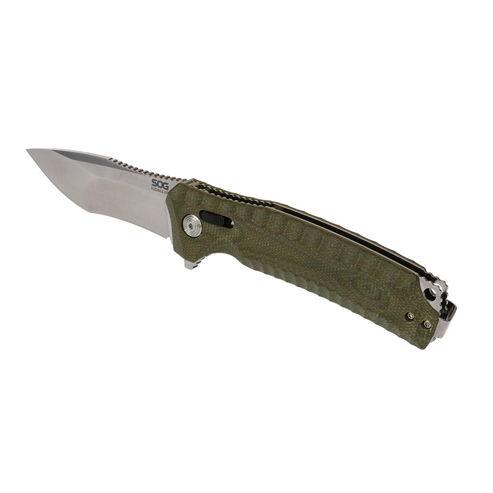 SOG Knives Hidaka XR Folding Knife 4" Modified Tanto Blade Olive Box Picture of Sog Specialty Knives Inc. SOG KIKU XR 4'' BLADE CRYO 3V MICARTA HANDLE BOX