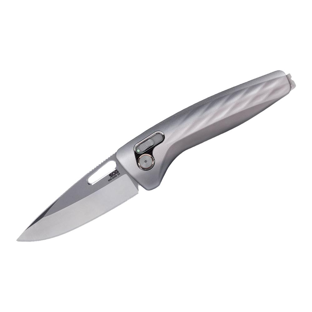 SOG Knives One-Zero XR Folding Knife 3-1/10" Drop Point Blade Silver Black Box Picture of Sog Specialty Knives Inc. SOG SOG ONE ZERO XR 3.1'' DROP POINT BLADE BOX SILVER ALUM+BLACK CHROME