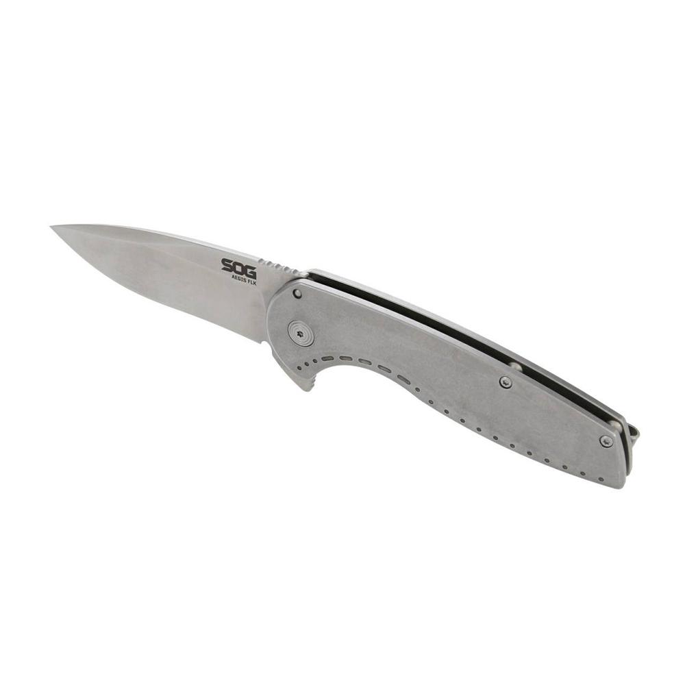 SOG Knives Aegis FLK 2.0 Folding Knife 3-1/4" Drop Point Blade Silver Blister Picture of Sog Specialty Knives Inc. SOG AEGIS FLK 2.0 3.5'' DROP POINT BLADE BLISTER PACK STONEWASH