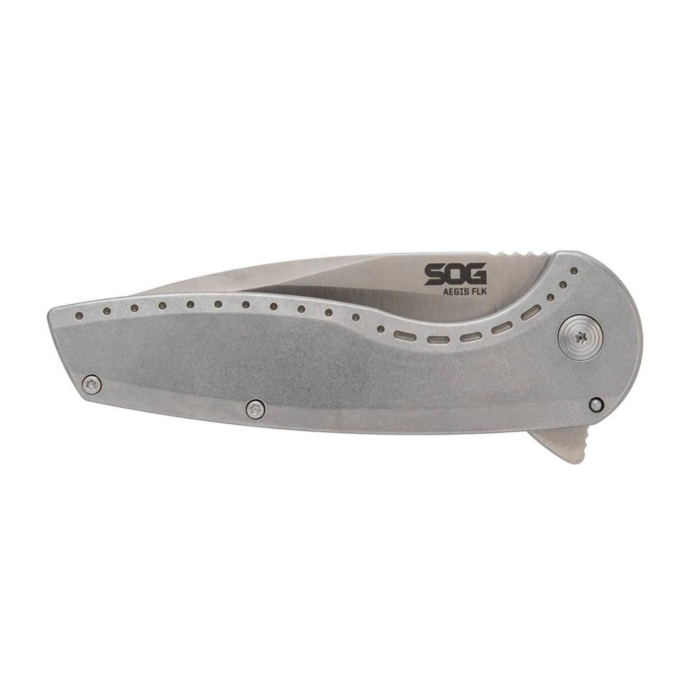 SOG Knives Aegis FLK 2.0 Folding Knife 3-1/4" Drop Point Blade Silver Blister Picture of Sog Specialty Knives Inc. SOG AEGIS FLK 2.0 3.5'' DROP POINT BLADE BLISTER PACK STONEWASH