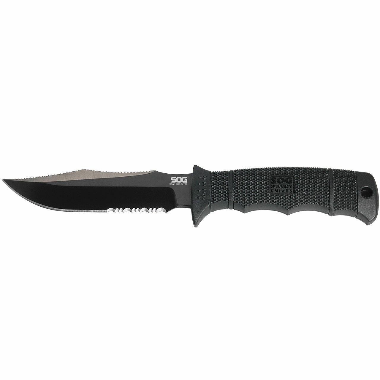 SOG SEAL Pup Elite Knife 4.85" Partially Serrated Blade Black with Nylon Sheath Picture of Sog Specialty Knives Inc. SEAL PUP ELITE - KYDEX SHEATH - BLACK TINI- PARTIALLY SERRATED