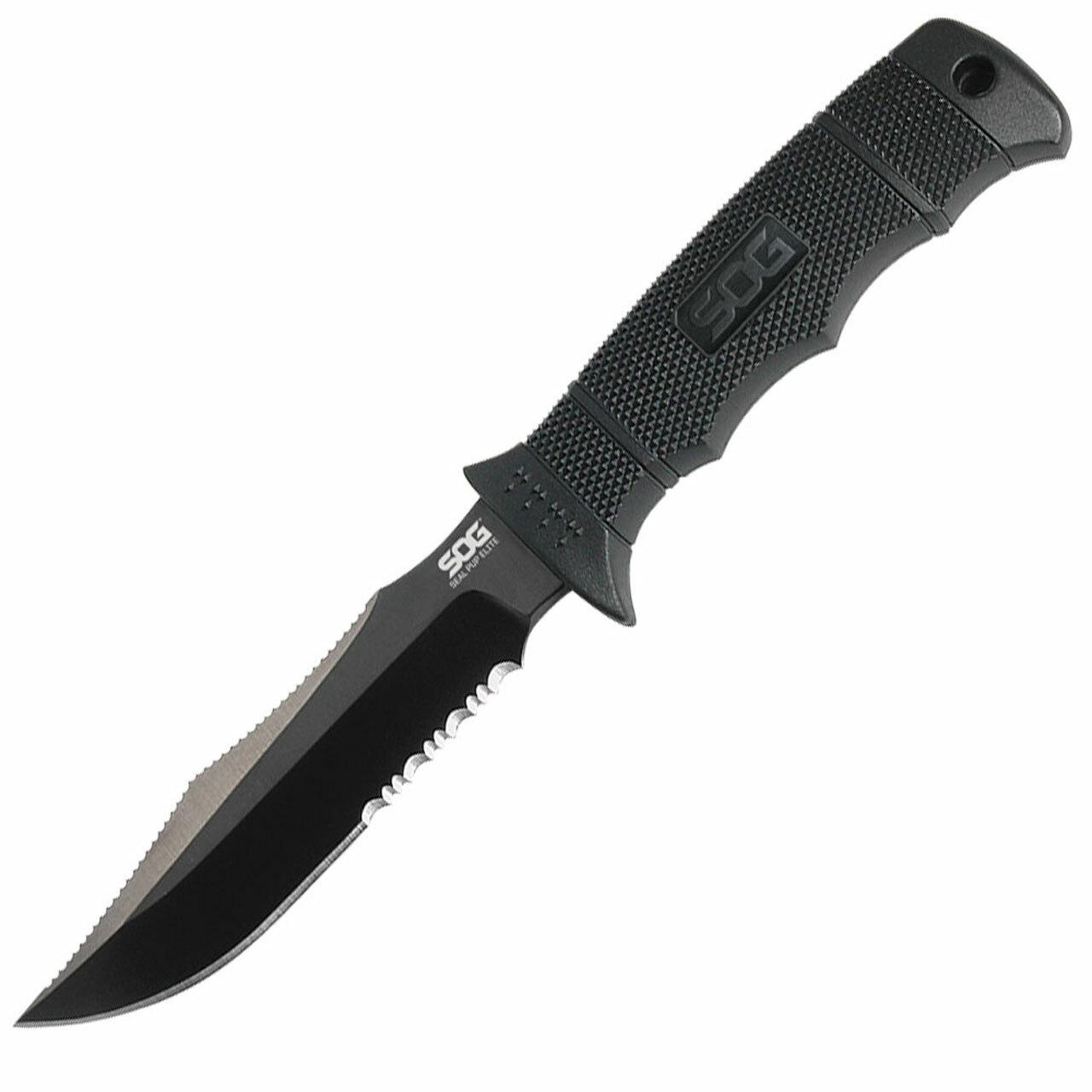 SOG SEAL Pup Elite Knife 4.85" Partially Serrated Blade Black with Nylon Sheath Picture of Sog Specialty Knives Inc. SEAL PUP ELITE - KYDEX SHEATH - BLACK TINI- PARTIALLY SERRATED