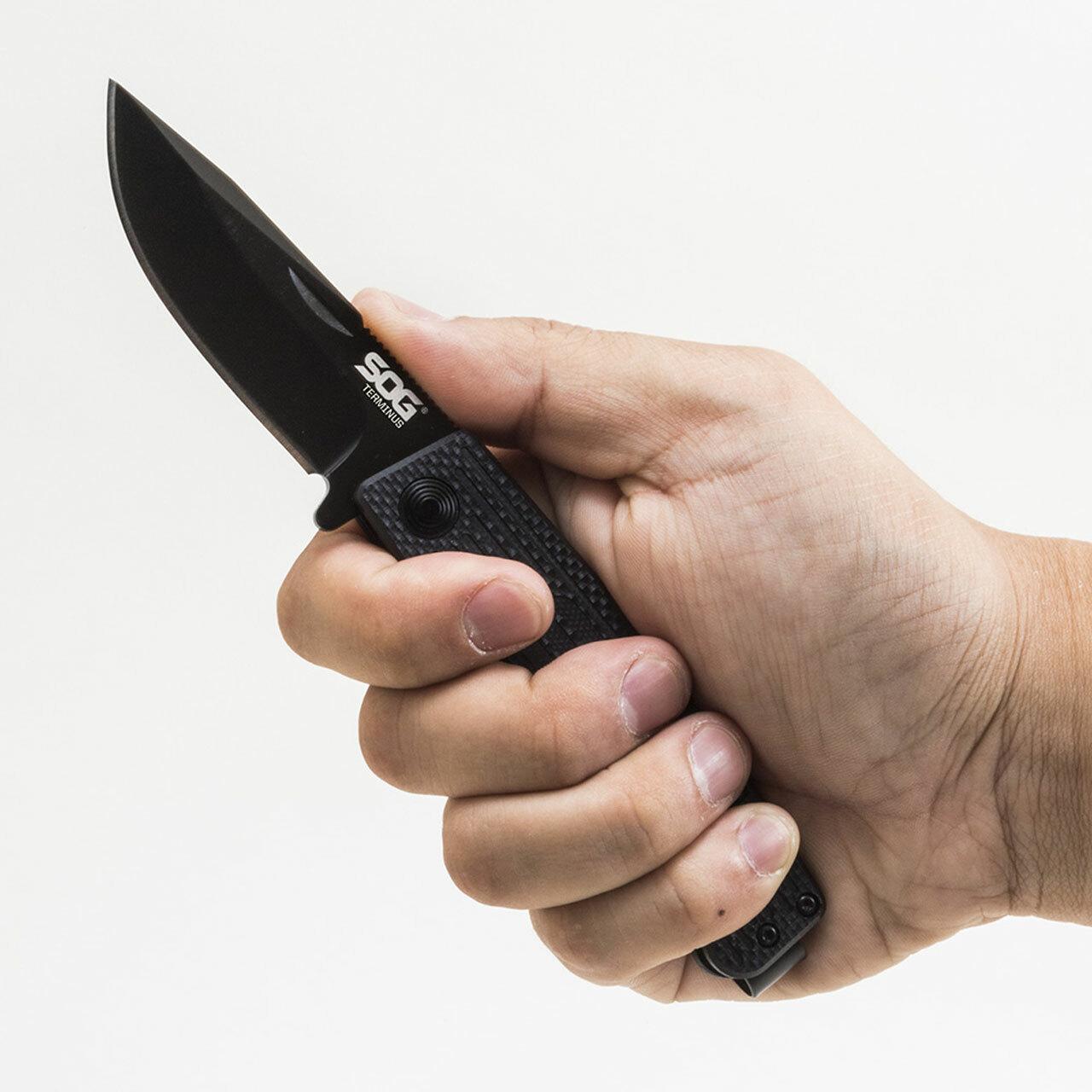 SOG Terminus Bowie Folding Knife 3" Blade Black Picture of Sog Specialty Knives Inc. TERMINUS SJ LTE - CARBON and GOLD
