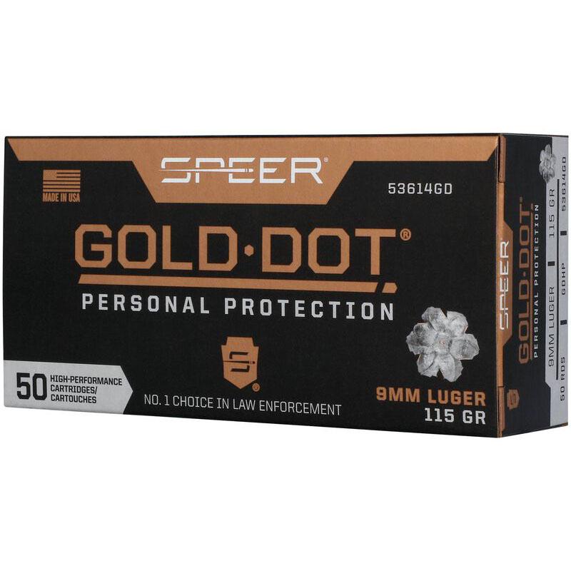 Speer Gold Dot Handgun Personal Protection Ammunition 9mm Luger 115gr JHP 1210 fps 50/ct Picture of Speer SPEER Gold Dot Handgun Personal Protection 9MM LUGER 115 GR 50 RD AMMO