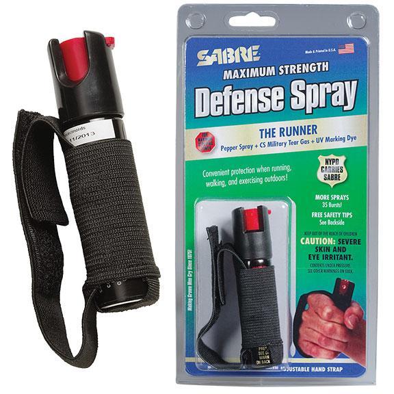Sabre Runner Defense Spray with Hand Grip Picture of Security Equipment Corporation SABRE JOG HAND STRAP 3N1 GAS DYE STREAM