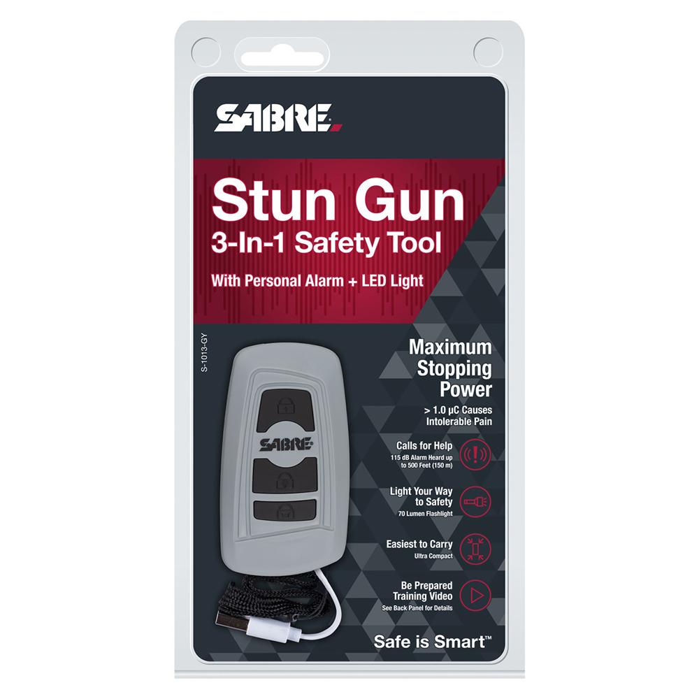 Sabre 3-in-1 Stun Gun Safety Tool with Personal Alarm and Flashlight Grey Picture of Security Equipment Corporation SABRE 1.154 UC GRAY STUN GUN + 115 DB ALARM