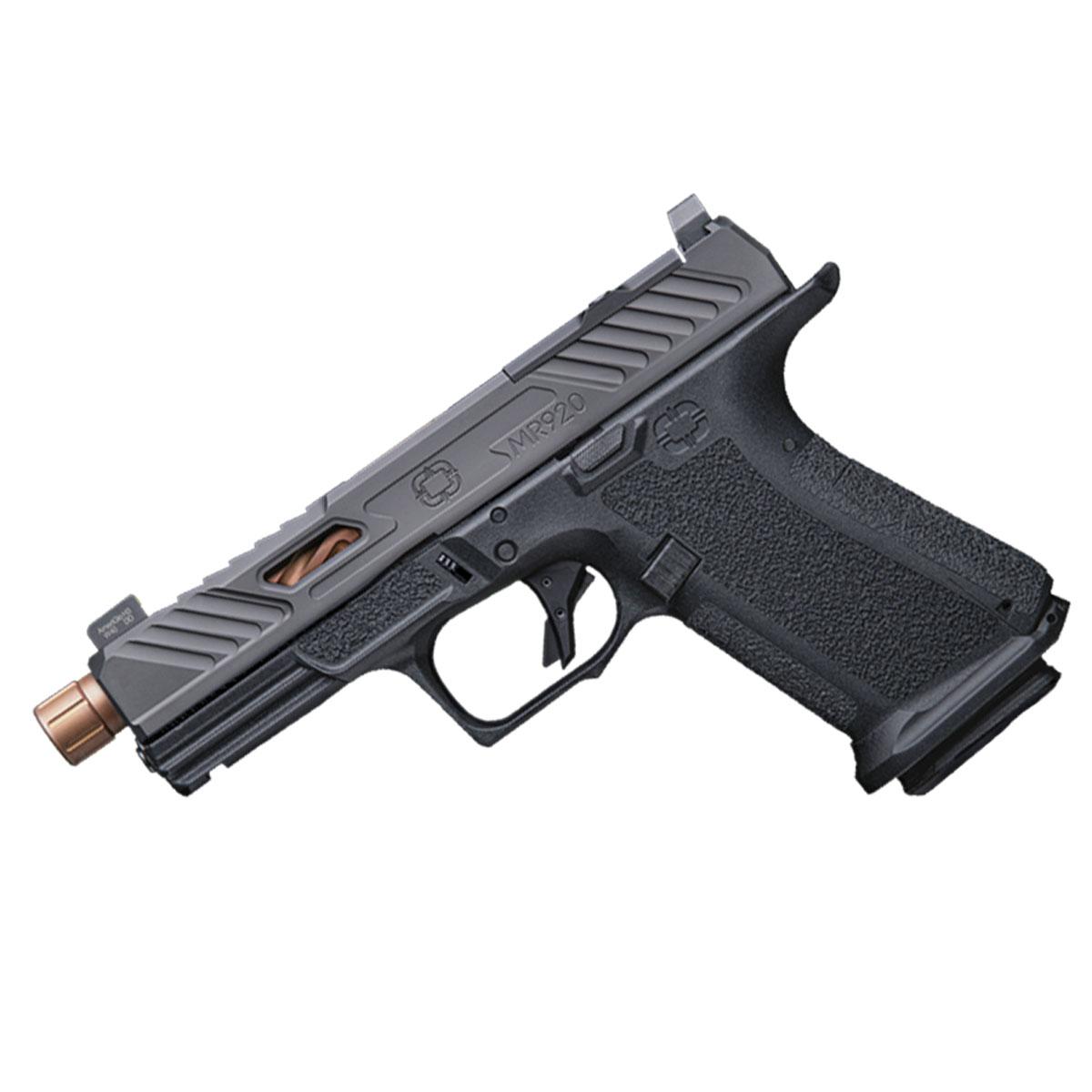 Shadow Systems Optics Ready MR920 Handgun 9mm Luger 15rd Magazine 4" Threaded Bronze Barrel Black Elite Slide Picture of Shadow Systems dba Shadow Gunworks MR920 9mm Blk Elite Slide Optic DLC Spiral Threaded Bronze Grn Trit