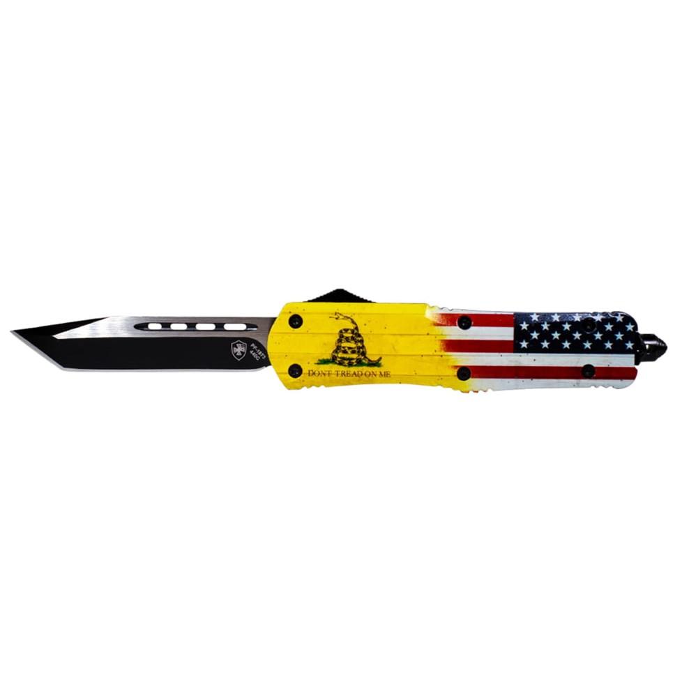 Templar Knife Large Don't Tread on Me Knife 3-1/2" Tanto Blade US Flag Don't Tread on Me Picture of Templar Knife Templar Knives Large Don't Tread on Me Tanto Black