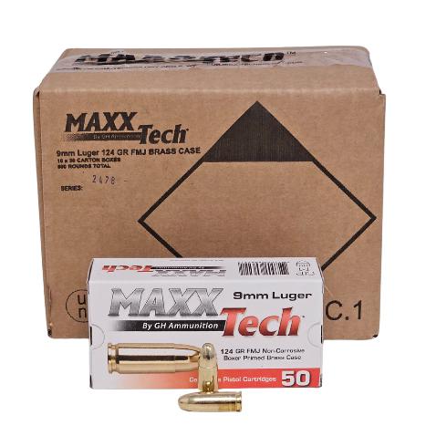 MAXXTech Handgun Ammunition 9mm Luger 124gr FMJ 1126 fps 1000/ct (20-50/ct Boxes)