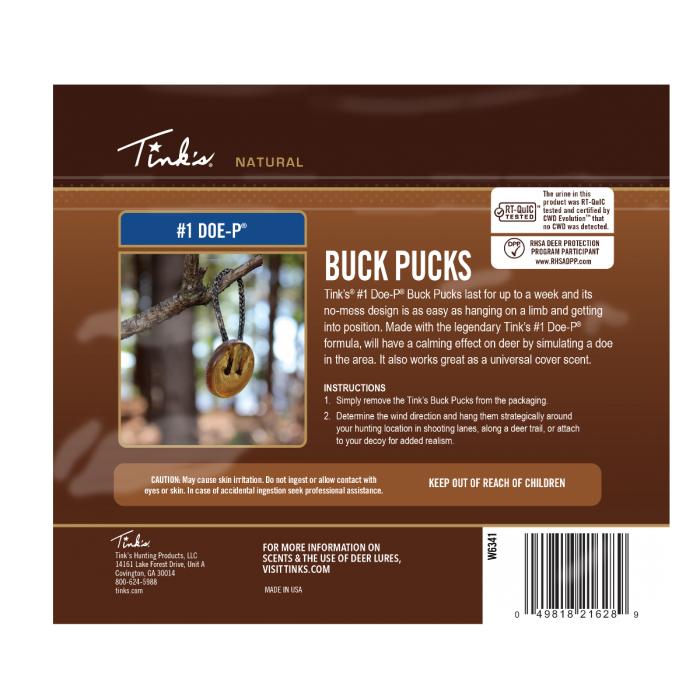 Tink's #1 Doe-P Buck Pucks Scent Hangers - 3/ct Picture of Dead Down Wind DBA Arcus Hunting Tink's #1 Doe-P Buck Pucks Scent Hangers Pack