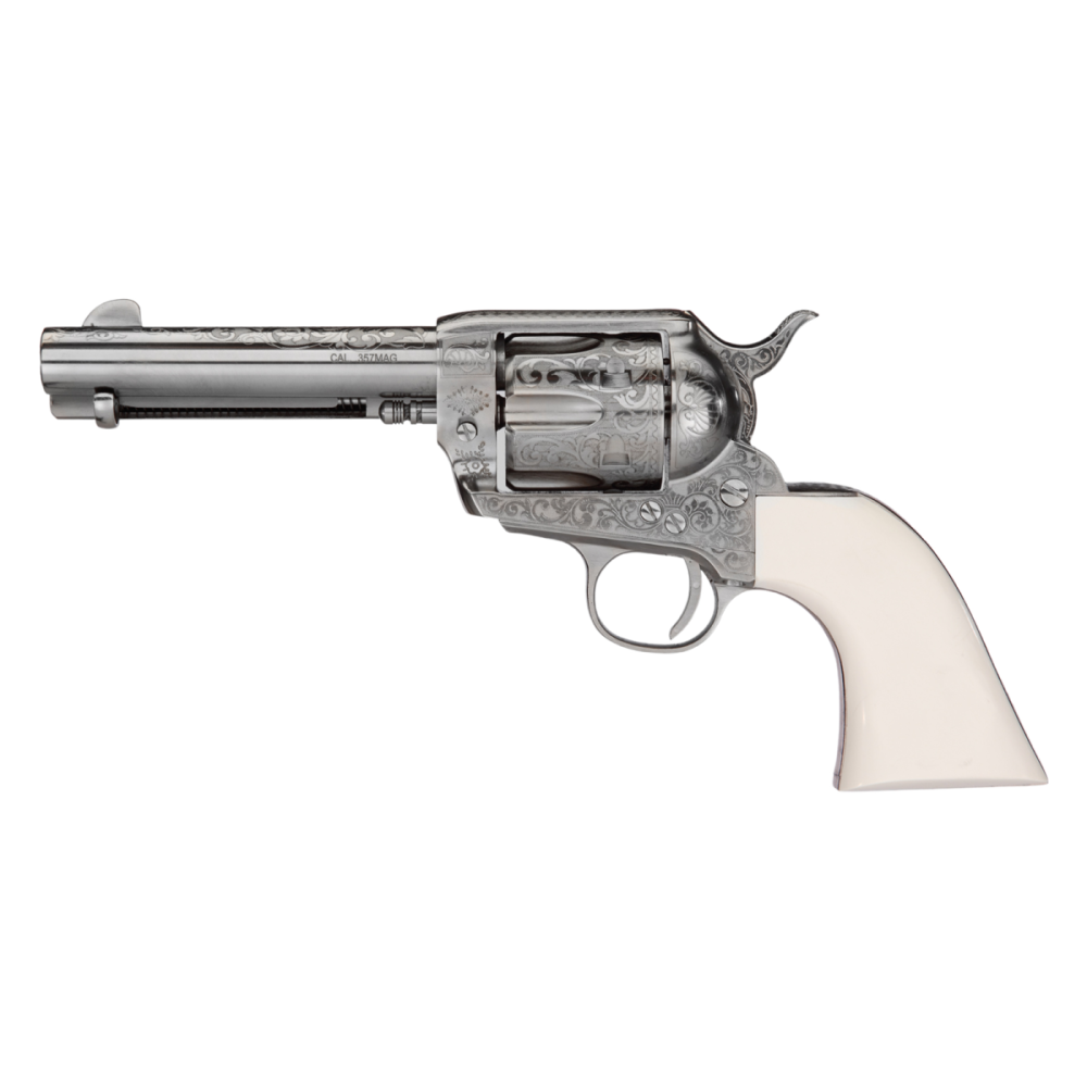 Taylor's 1873 Outlaw Legacy Handgun .45 Colt 6rd Capacity 4.75" Barrel Engraved Nickel with White Picture of Taylor's & Company Firearms TAYLOR 1873 OUTLAW LEGACY NICKEL ENGRAVED 4.75in .45LC IVORY