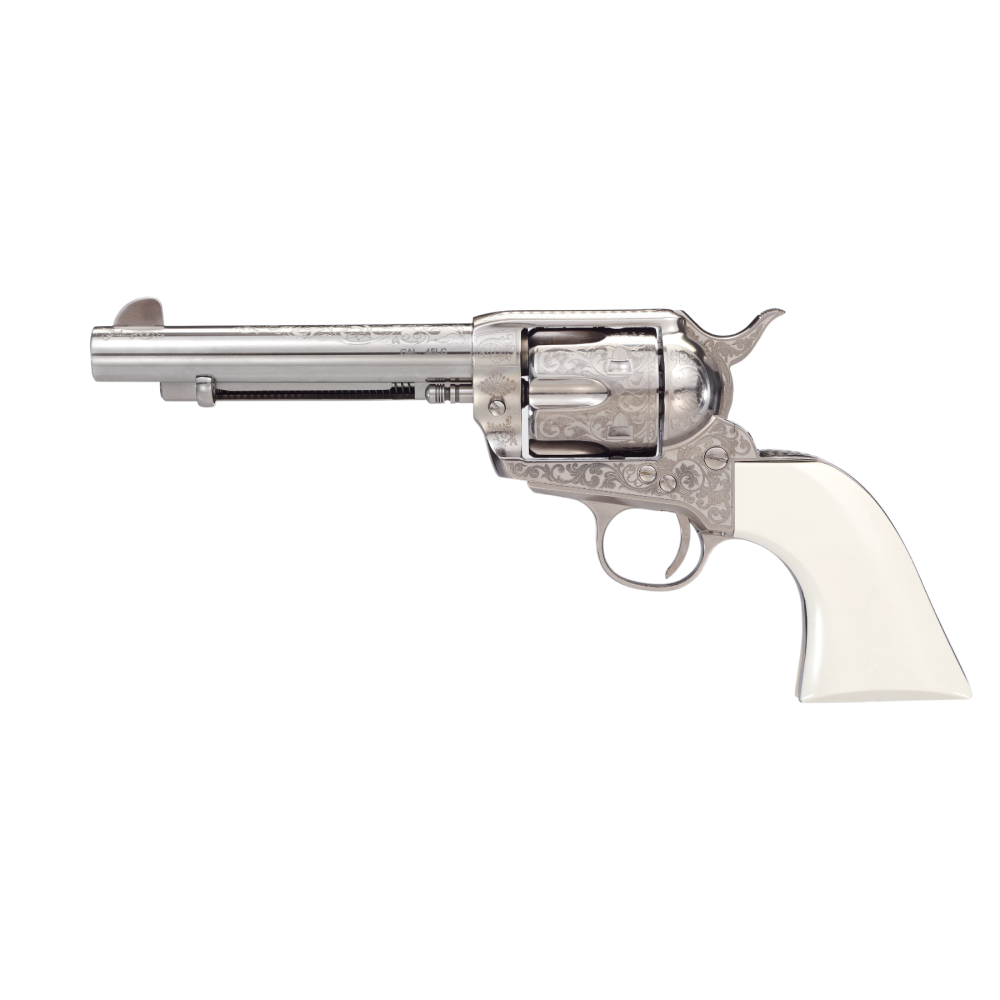 Taylor's 1873 Outlaw Legacy Handgun .45 Colt 6rd Capacity 5.5" Barrel Engraved Nickel with White Picture of Taylor's & Company Firearms TAYLOR 1873 OUTLAW LEGACY NICKEL ENGRAVED 5.5in .45LC IVORY