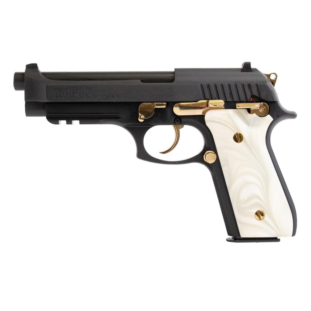 Taurus PT92 Handgun 9mm Luger 17rd Magazines (2) 5" Barrel Black with Pearl Grips and Gold Accents Picture of Taurus International Inc. Taurus PT92 9MM 5'' 2x17 RDS BK/BK GOLD ACCENT W PEARL