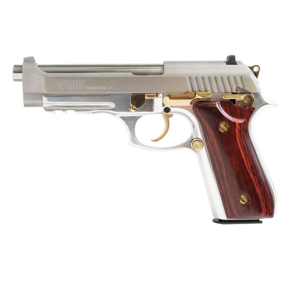 Taurus PT92 Handgun 9mm Luger 17rd Magazine 5" Barrel Stainless Steel with Wood Accent Picture of Taurus International Inc. Taurus PT92 9MM 5'' 2x17 RDS SS/SS GOLD ACCENT WOOD SMOOTH